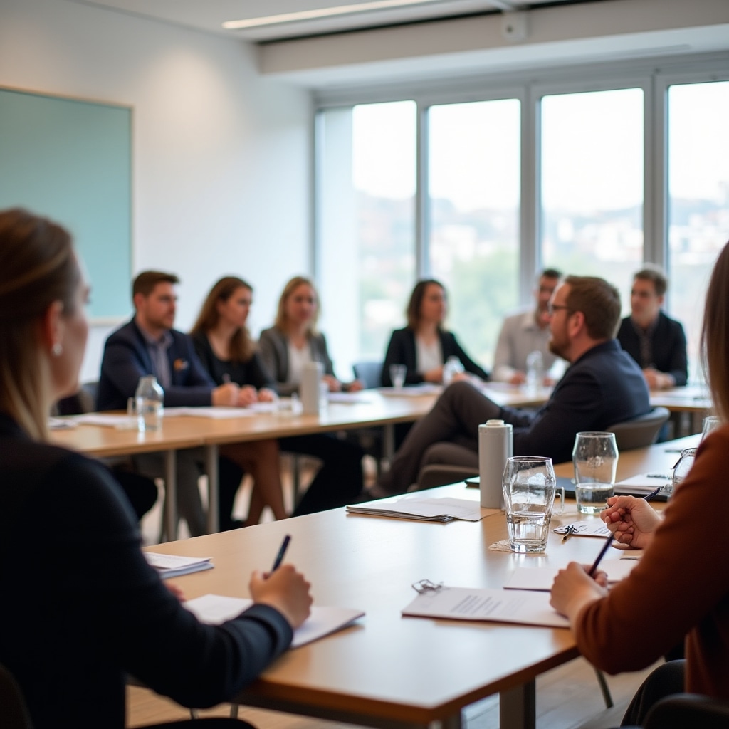 Overview of a landlord workshop session with participants at tables reviewing course materials